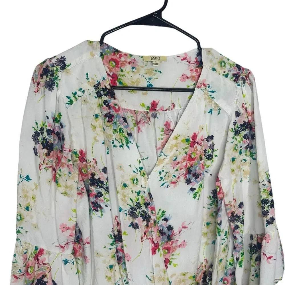 |EUC| KORI Floral Bell Sleeve Draped Blouse